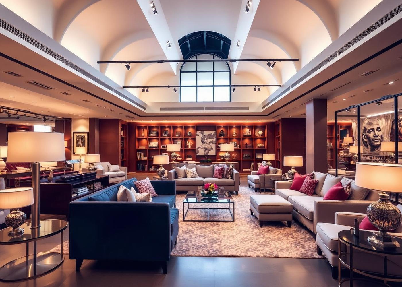 Furniture showroom with sofa sets and lamps