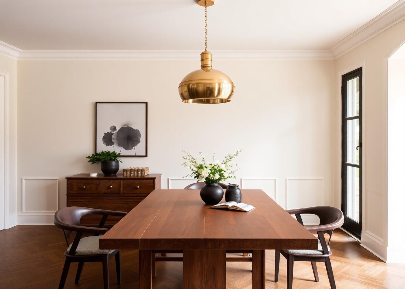 Dining room with wooden table and brass pendant
