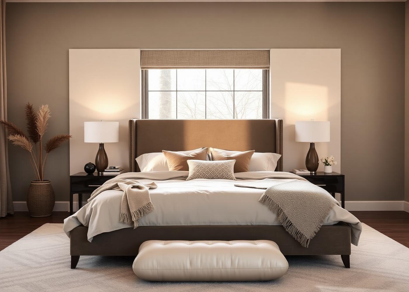 Bedroom with upholstered bed and neutral textiles